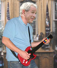 President George W. Bush plays Guitar Hero instead of attending a meeting on Iran and U.S. relations.