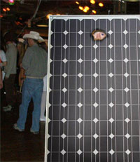 Portland, OR resident, Rick Nation, attends a Halloween party dressed as solar panel.