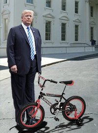 President Trump stands with his bicycle as he demands that the training wheels be removed. 