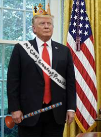 President Donald Trump has been wearing a home-made sash constructed out of toilet paper, a paper crown from Burger King, and carrying a scepter fashioned from a toilet brush. 
