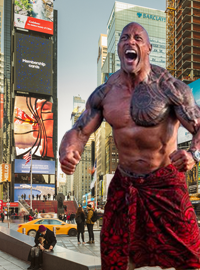 A The Rock from the future appeared in Times Square to warn the people of earth about the horrors of the year 2020.