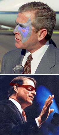 George W. Bush appeared in costume as the Right Wing Ranger for the first time at a press conference to announce his decision to take Al Gore to the ring. Vice President Al Gore address congress partially disguised as the Luminescent Liberal.